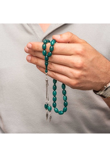 Gümüş Püsküllü Sıkma Kehribar Tesbih Sl12594 Gümüş