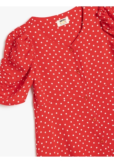 Koton Puantiyeli Elbise Balon Kollu Düğme Kapamalı Viskon Kumaş Kırmızı Desenli 5skg80029aw Kırmızı