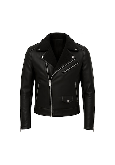 Erkek Napa Deri Çapraz Fermuarlı İçi Full Kürklü Yüksek Kalite Slim Fit Siyah Mont & Ceket Siyah