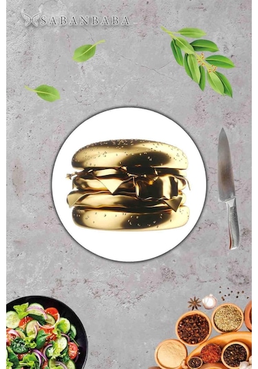 Altın Burger Cam Kesme Tahtası - Sunum Tabağı Çap 20