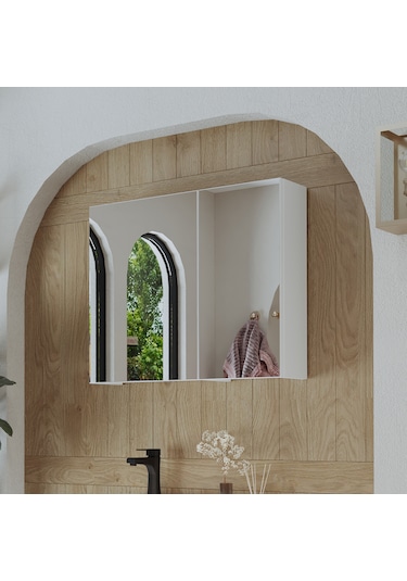Banyo Dolabı Kulpsuz 2 Kapaklı Mdf 75 Cm Aynalı Banyo Üst Dolabı Mat Beyaz