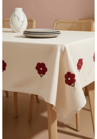 Florita Vişne Punch İşlemeli Dertsiz Leke Tutmaz Masa Örtüsü 160x220 Cm Bej