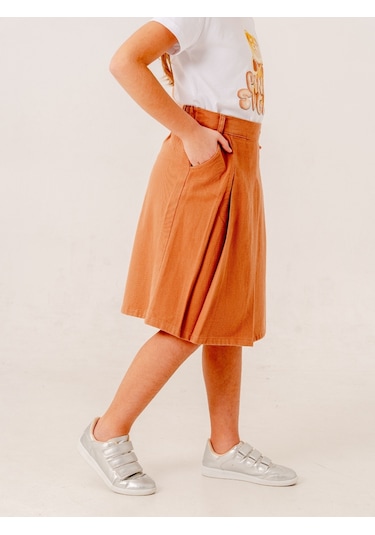 Kız Çocuk Gabardin Pileli Keten Etek 2958 Bej