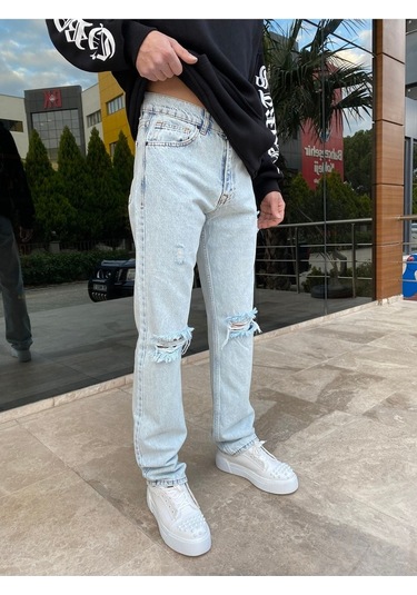 Buz Mavisi Dizi Yırtık Baggy Erkek Jean Pantolon Buz Mavi