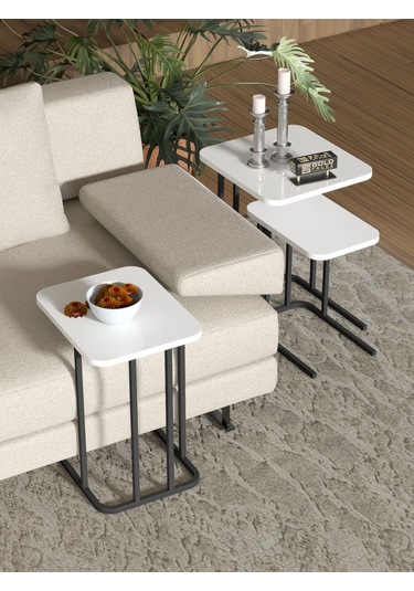 Zigon Sehpa Metal Ayak 3'lü Koltuk Yan Sehpa Zino Beyaz Beyaz