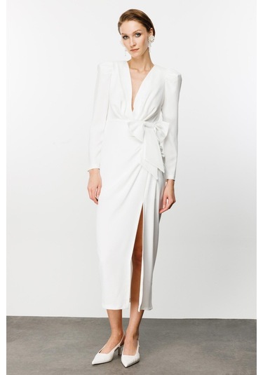 Nefeli Midi V Yaka Uzun Kol Minimalist Elbise - Özel Günler İçin Beyaz