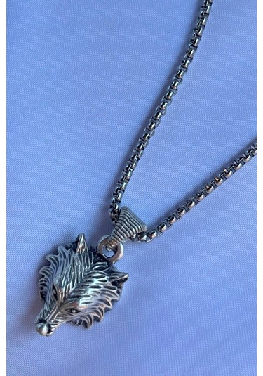 Kurt Kafası İşçiliği Paslanmaz Çelik Zincir Erkek Kolye Gümüş