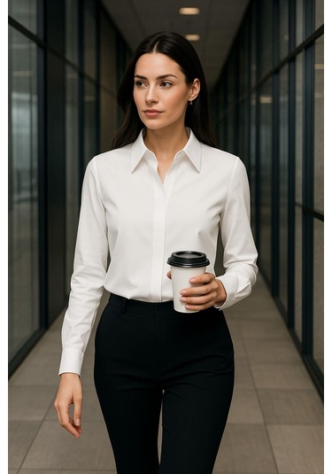 Kadın Ekru Gizli Düğme Detaylı Slim Fit Trend Krep Gömlek Çok Renkli