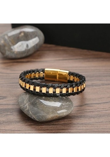 Novahub Altın Erkekler İçin Hakiki Deri Zincir Bileklik Kaplama Takı Paslanmaz Çelik Toka Altın 21.5cm Kişiselleştirilmiş Altın