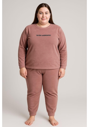 Kadın 13212 Büyük Beden Kadife Pijama Takımı Pudra Pudra