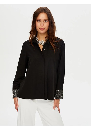 Faik Sönmez Kolları Boncuk Payet İşli Şık Kadın Gömlek W26gml011 Siyah
