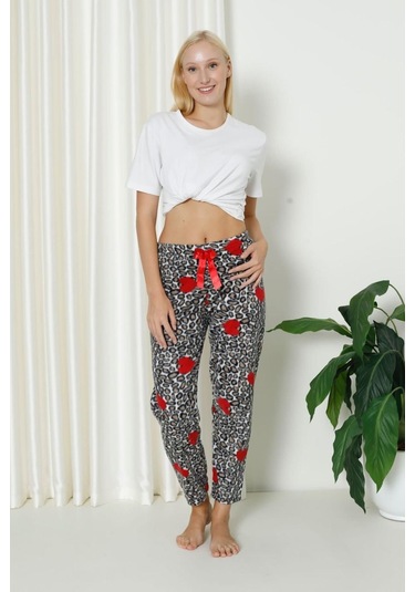Luxury Soft Welsoft Polar Desenli Kurdeleli Kışlık Pijama Altı Pantolon Leopar Çok Renkli