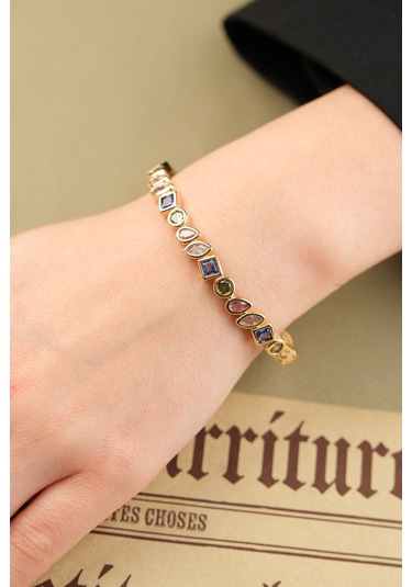 Çildan Womens Gold Özel Tasarım 3 Renk Taşlı Kelepçe Bileklik Altın - Gümüş