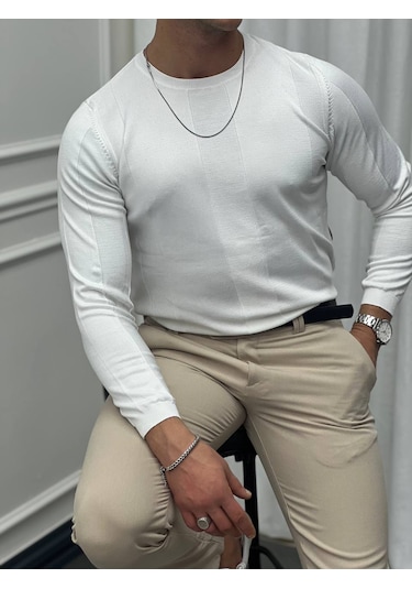 Modefendi Pamuk Yapılı Desenli Slimfit Triko Beyaz
