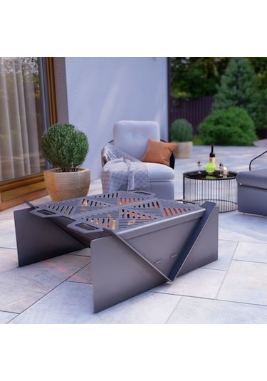 Kare Portatif Ateş Çukuru Çift Izgaralı Bahçeniz İçin Dekoratif Siyah
