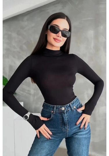 %95 Pamuklu Parmak Geçmeli Kadın Body Esnek Kumaş Siyah