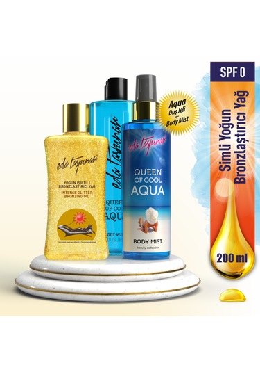 Eda Taşpınar Yoğun Işıltılı Bronzlaştırıcı Yağ SPF0 (200ml)  - Aqua Body Mist 200ml & Aqua Duş Jeli 400ml