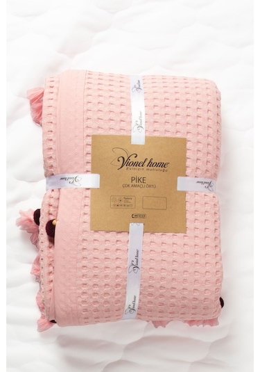 Vionel Home Pamuklu Waffle Desen Ponponlu Çift Kişilik Pike Pembe