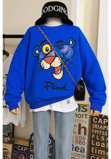 Dm Dolce More 3 İplik Penye Pink Baskılı Unisex Sweatshırt Saks Mavisi