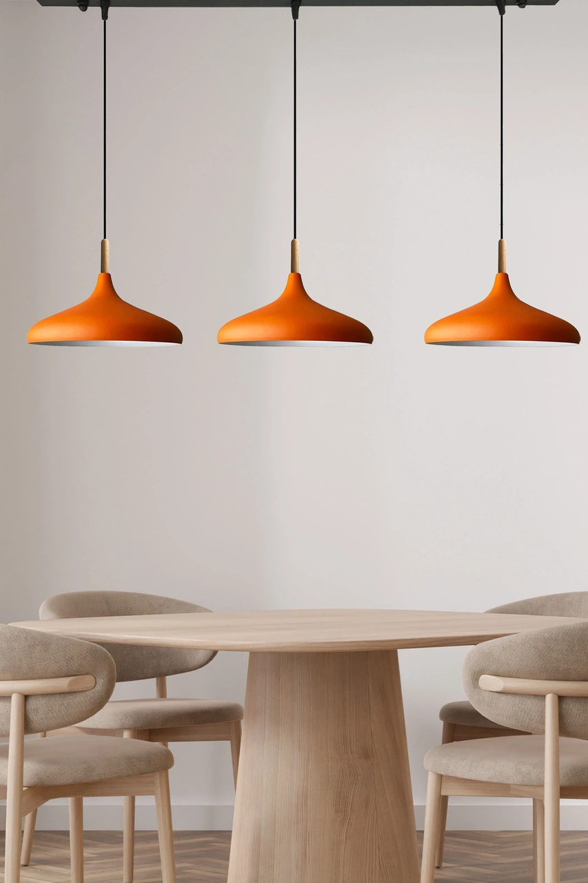 Üçlü Turuncu Ahşap Başlık Sarkıt Lamba Yemek Masası Oturma Odası Mutfak Salon Otel Showroom Hol Turuncu