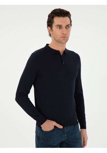Cacharel Lacivert Slim Fit Yün Karışımlı Polo Yaka Basic Triko Kazak