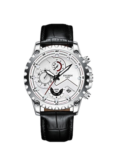 Fastbuy Fngeen 5757 Erkek Saat, Su Geçirmez, Paslanmaz Çelik, Siyah Deri Kılıf, Beyaz Yüzey, Spor Tarzı, Çok Renkli Çok Renkli