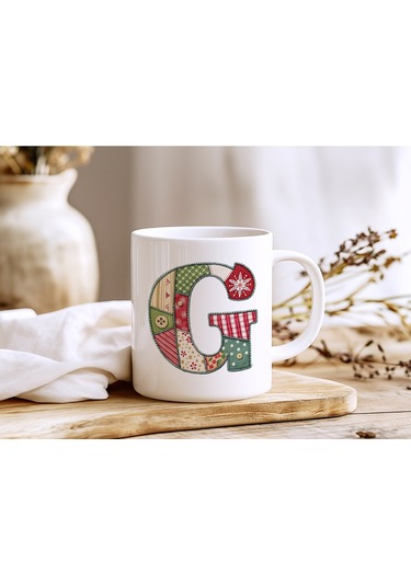 G Harfi Yılbaşı Temalı Kupa Bardak - Yeni Yıl Konsept Yamalı Efekt Tasarım - Noel Hediye Beyaz