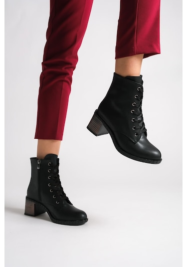 Dıana Bağcıklı Fermuarlı Ortopedik Taban Topuklu Kadın Bot Cst - Siyah Siyah