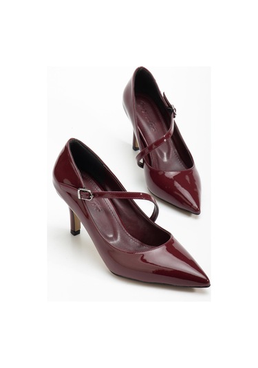 Büyük Beden Kadın Stiletto İnce Topuklu Ayakkabı Bordo Rugan Baretli-4294 Bordo
