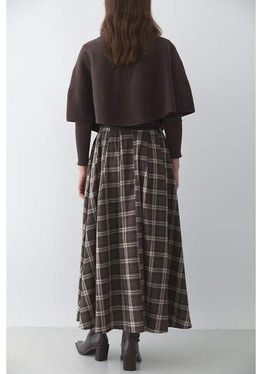 Kahverengi Deri Şeritli Ekoseli Etek - 4977 Kahverengi