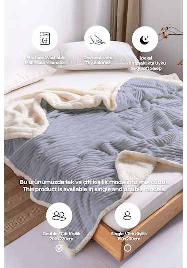 Sherpa Battaniye Çift Kişilik Çizgili Yumuşak Peluş Wellsoft Yatak Örtüsü Gri