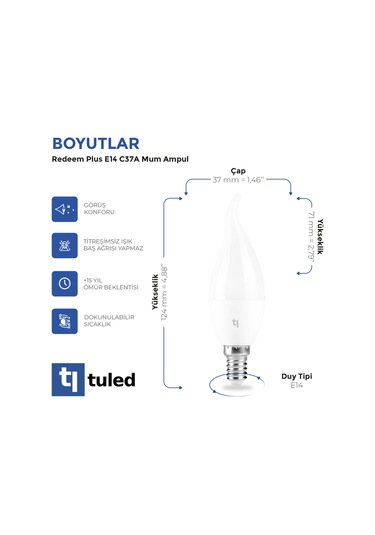 Redeem Plus C37a E14 Mum Ampul, Titreşimsiz, Göz Konforu, 604 Lümen, Doğal Beyaz, 4000 Kelvin