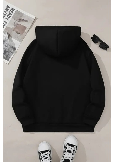 3'lü Kapüşonlu Sweatshirt Seti- Dark Kedi Baskılı- Siyah, Lacivert, Gri - Kışlık Şardonlu Kumaş Siyah-lacivert-gri