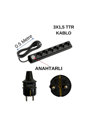 Avarson 6'lı Altılı Priz Topraklı Anahtarlı Kablolu Siyah 3x1,5 Ttr 0,5 Yarım Metre