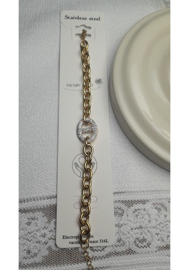 Uzel Çelik Gold Altın Renk Taşlı, Kalın Halka Detaylı Çelik Bileklik Gold