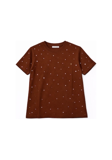Mixray 2057 Kadın %100 Pamuk Bisiklet Yaka Taş Detaylı T-shirt Taba Taba