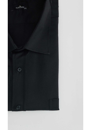 Tudors Büyük Beden Kolay Ütü Kravatlık Armürlü Pamuklu Erkek Gömlek-31398-siyah Siyah