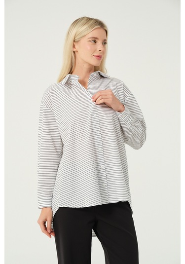 Basic Oversize Çizgili Gömlek Beyaz Siyah Beyaz - Siyah