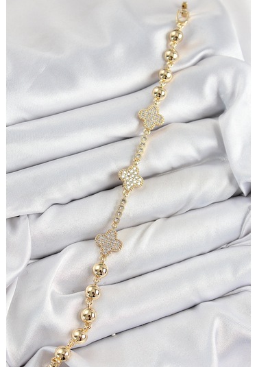 Pirinç Zirkon Taşlı Yonca Model Gold Renk Kadın Bileklik - Tj-bb7561 Diğer