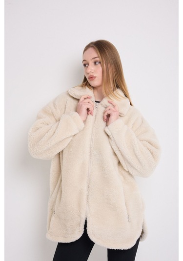 Kadın Ekru Peluş Rüzgar Geçirmez Welsoft Çift Cepli Kışlık Mont Kaban Ekru