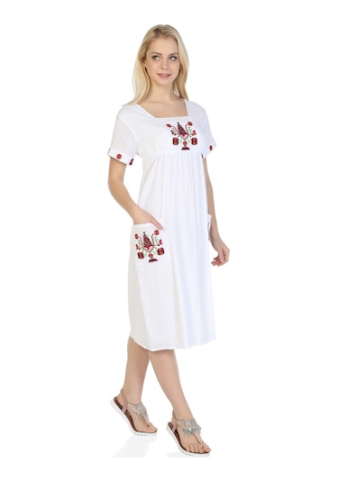 Kısa Kol Şile Bezi Melek Midi Boy Elbise Beyaz Byz Beyaz