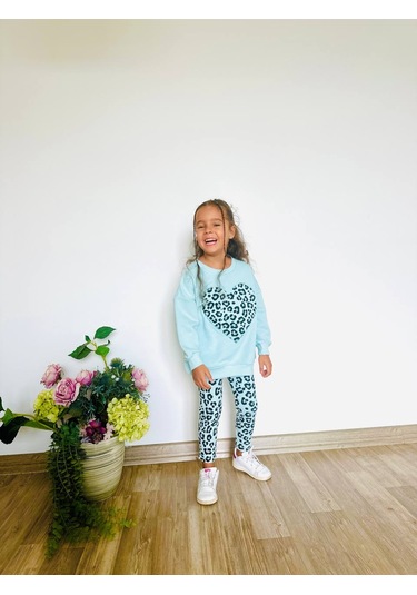 Kız Çocuk Çiçek - Leopar Detaylı 3 İplik Alt Üst Takım Sweatshirt + Tayt Mint