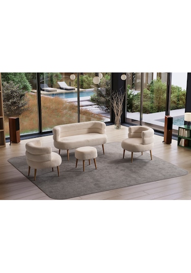 Barel Özel Tasarım Çay Seti Koltuk Takımı,berjer Ve Puf Ofis Balkon Cafe Bahçe Salon Mobilyası 4 Lü Takım Krem Krem