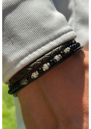 Doğal Taşlı Örgü Desen El İşçiliği İle Üretilmiş Hakiki Deri Erkek Bileklik Siyah