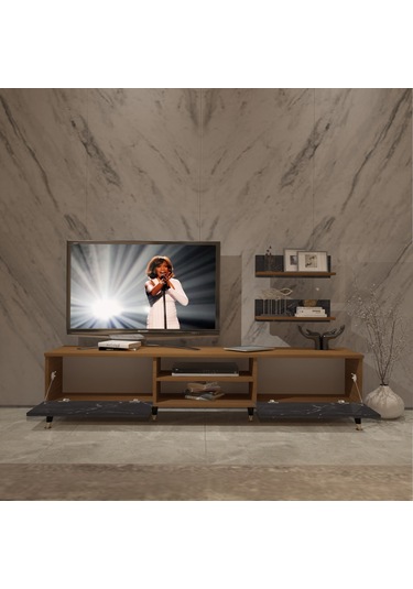 Decoraktiv Eko 4 Mdf Dvd Gold Tv Ünitesi Tv Sehpası Ceviz - Siyah Mermer