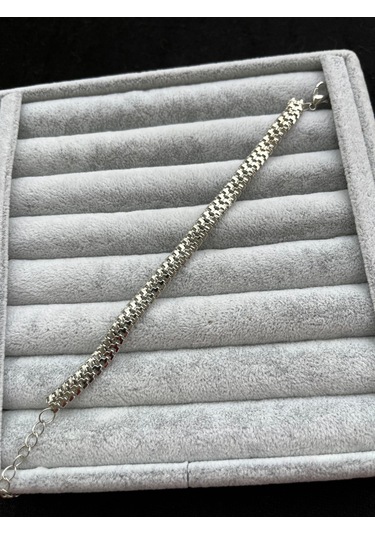 Silver Yassı Tırtıl Birbirine Geçmeli Model Erkek Künye Bileklik Gümüş