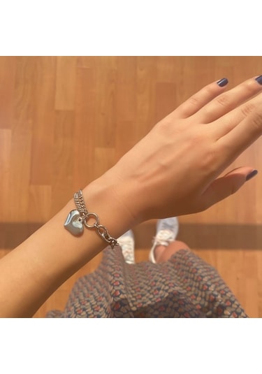 Ferizz 316L Çelik Büyük Kalp Detaylı Kadın Zincir Bileklik Beyaz