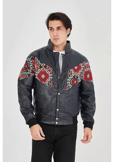 Erkek İçi Astarlı İçten Yaka Kısmı Peluşlu Suni Kumaş Vintage Ceket - Lacivert Lacivert