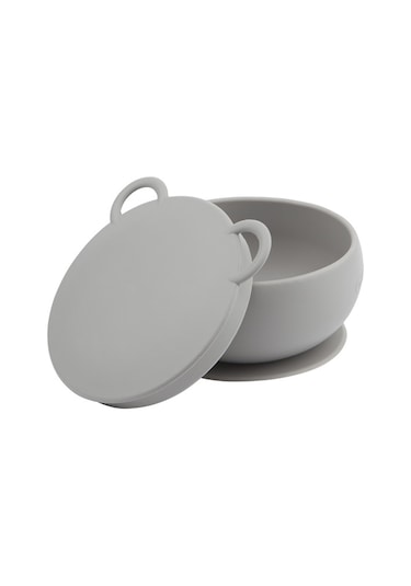 Oioi Silikon Vakum Tabanlı Kapaklı Kase Gri