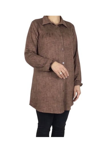 Mevsimlik Kolları Lastikli Boydan Düğmeli Gömlek Bej